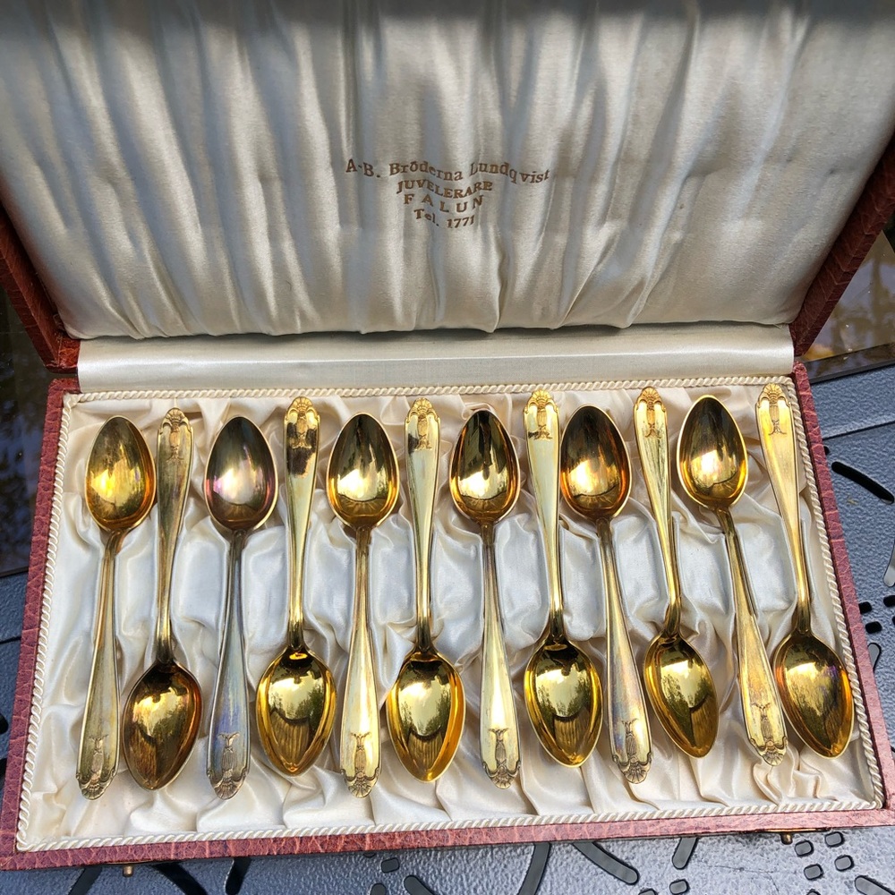 Antique Swedish Espresso Spoons Set/12 Gold Plated Alpaca Silver Original Case